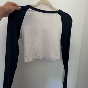 CIDER white and navy blue long sleeve crop top